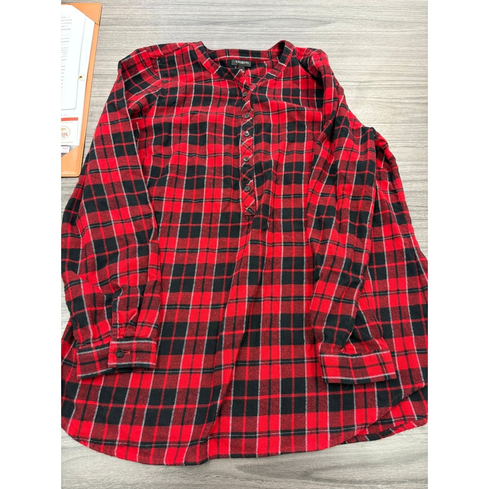 Talbots Women's Red Black Plaid Flannel Henley Popover Top Size Medium